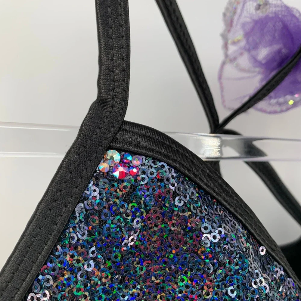 Black Sequin Dance Bra Top w/ Strappy Back & Matching Scrunchie Youth MC